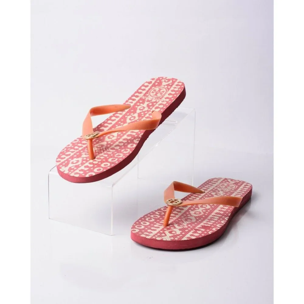 Tory Burch Womens Pink Flip Flops Sandals Sz 10 Flats Rubber Geometric